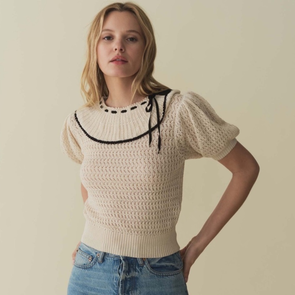 Doen Glenda Pima Cotton Ribbon Bow Short Sleeve Knit Sweater Top Cream Black